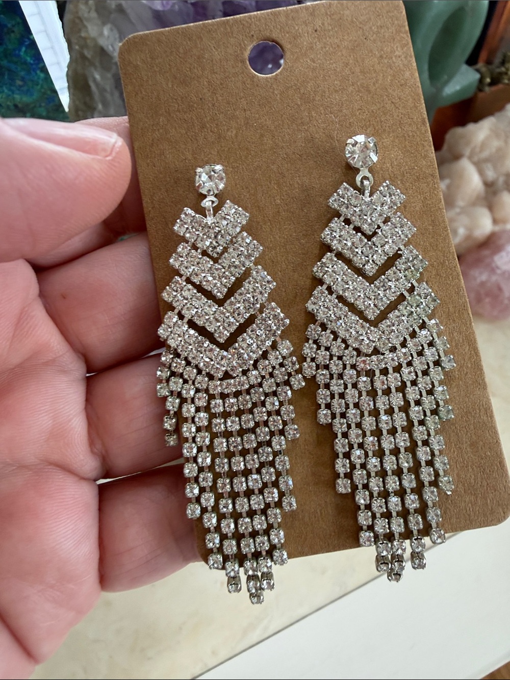 Vintage Silver Crystal Fringe Chandelier Earrings Chevron Dangle Statement